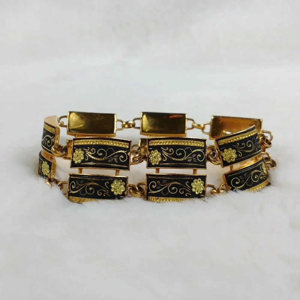 Vintage Damascene Double Bar Link Bracelet